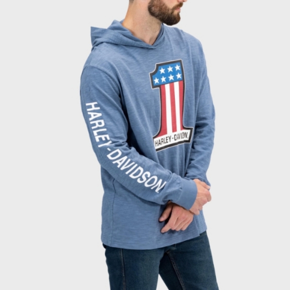 Harley-Davidson Mens #1 Race Slub Jersey Hooded Graphic Tee Blue 3XL